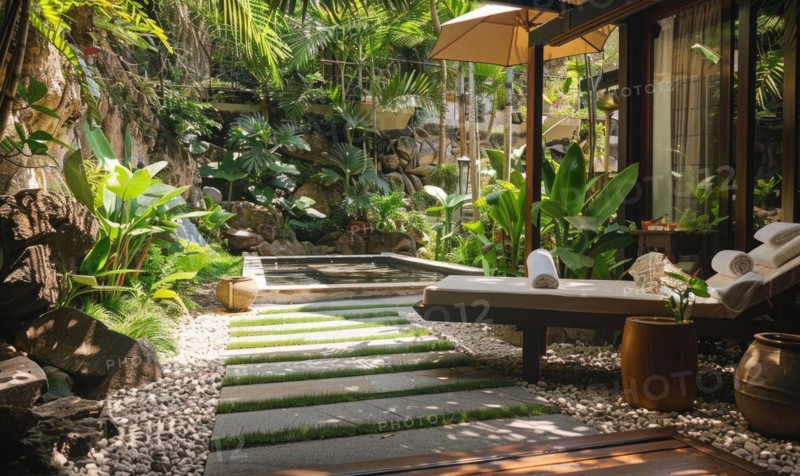 A tranquil spa retreat offering aloe vera infused facials and body treatments amidst lush greenery and natural surroundings AI generated