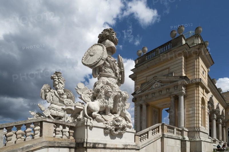 Gloriette, built in 1775, left Antique symbols such as armour, shields, field signs and lions, in front of the staircase, Schoenbrunn Palace Park, Schoenbrunn, Vienna, Austria, Europe