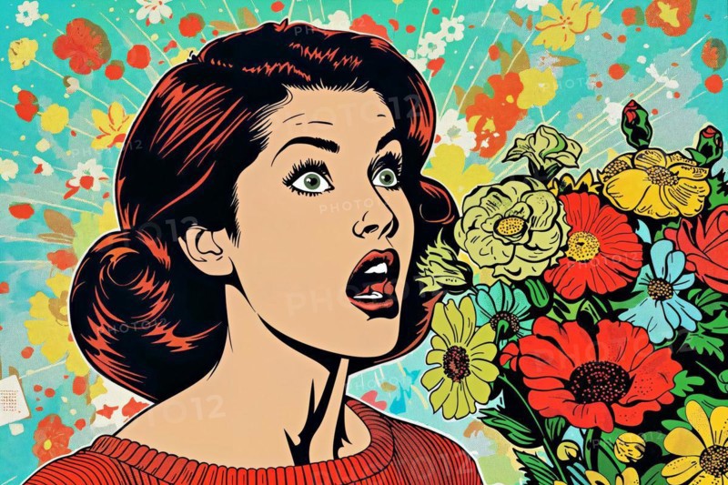 Shocked woman in pop art style with red flowers and green background with butterfly illustrations, AI generated, AI generated