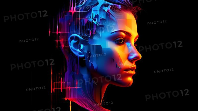 AI generated human portrait transitioning from lifelike human to a pixelated digital effect