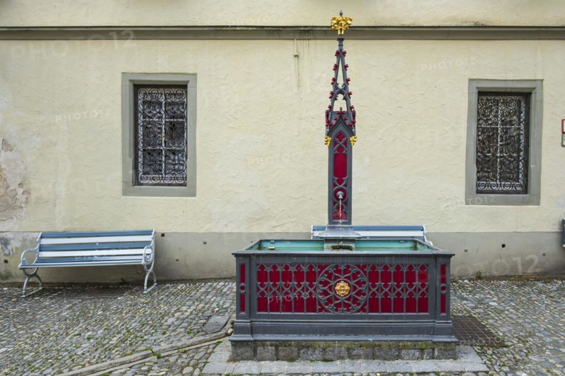 Historic fountain in neo-Gothic style on Postplatz in the old town centre of Wangen im Allgaeu, Upper Swabia, Baden-Wuerttemberg, Germany, Europe