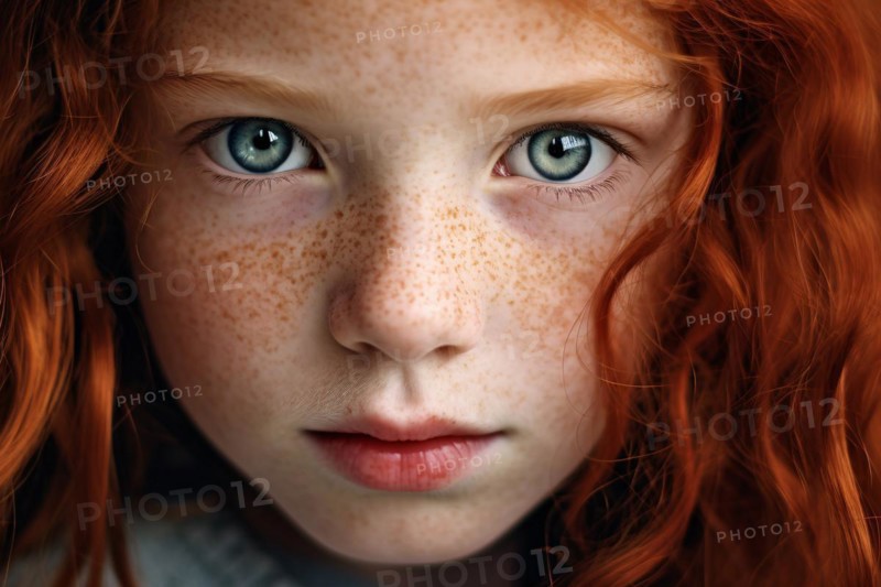 Face of child with red hair and freckles. KI generiert, generiert, AI generated