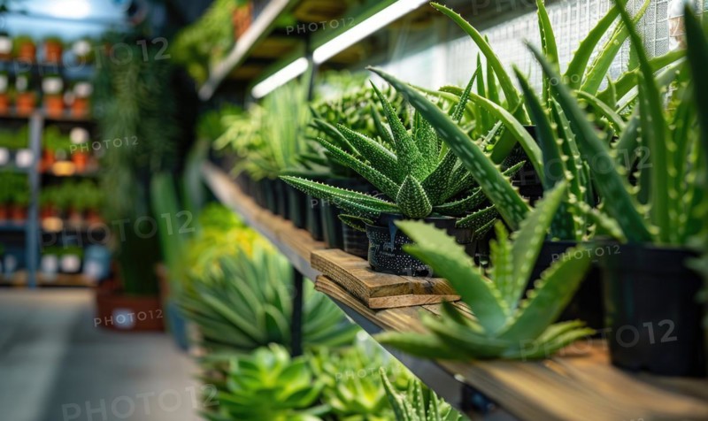 Aloe vera plants lining the shelves of a botanical shop AI generated
