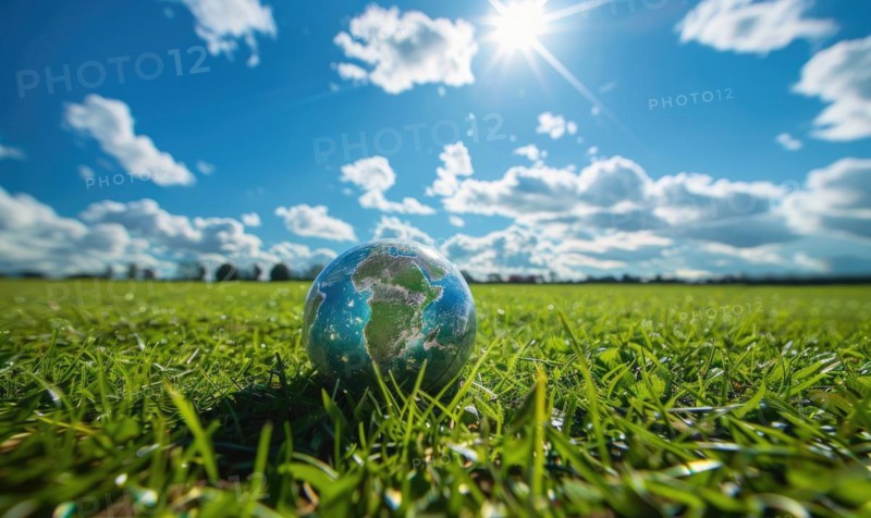 An Earth globe on a grassy meadow with bright blue sky as the backdrop AI generated