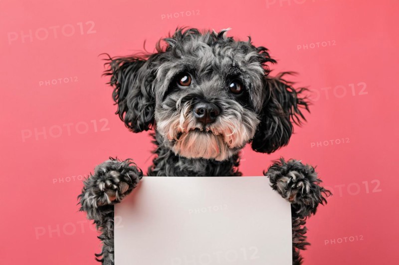 Dog holding empty sign in front of pink studio background. KI generiert, generiert, AI generated