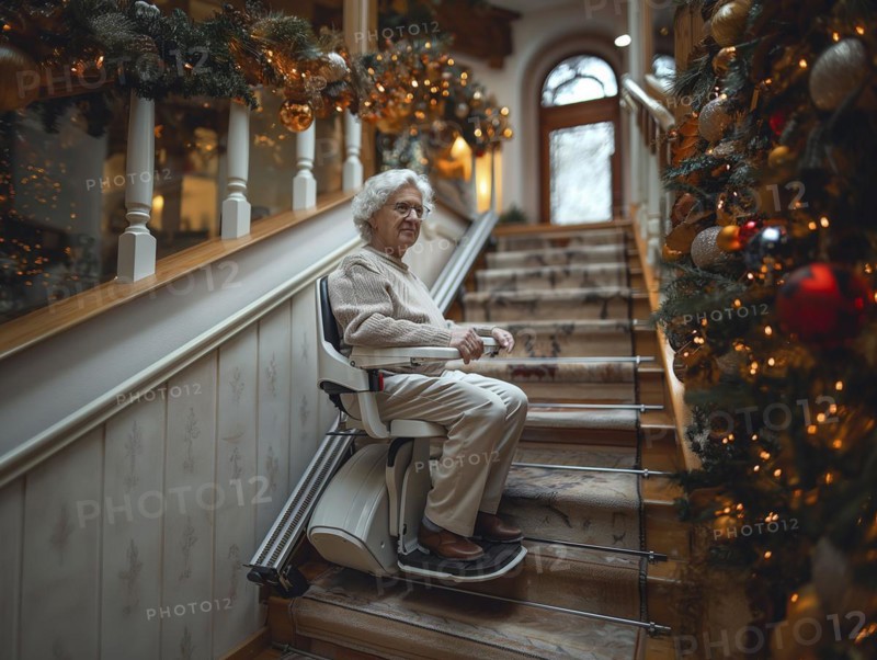 A pensioner rides a stair lift up a flight of stairs, AI generated