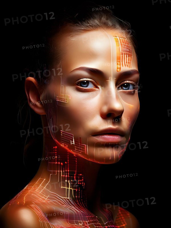 AI generated human portrait transitioning from lifelike human to a pixelated digital effect