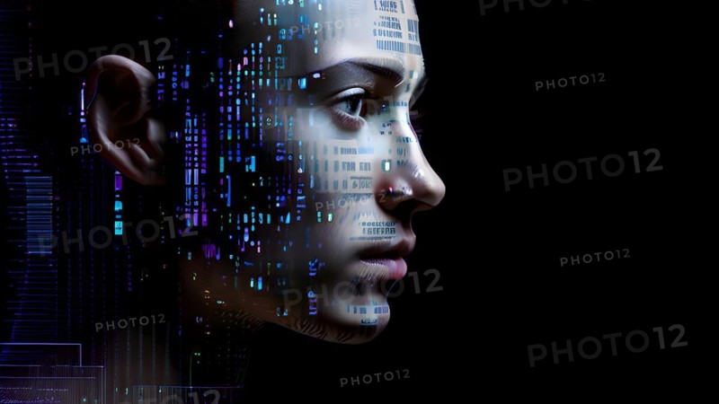 AI generated human portrait transitioning from lifelike human to a pixelated digital effect