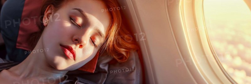 A young woman slumbers by the window in an aeroplane, surrounded by dawn, AI generated, AI generated