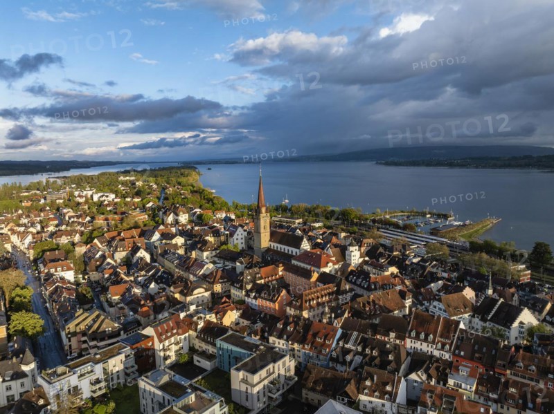 Aerial view of the town of Radolfzell on Lake Constance with the Radolfzell Minster in front of sunset, district of Constance, Baden-Wuerttemberg, Germany, Europe