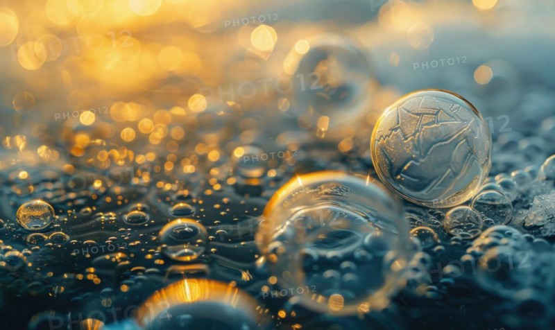 Close-up of frozen bubbles trapped beneath the surface of a lake AI generated