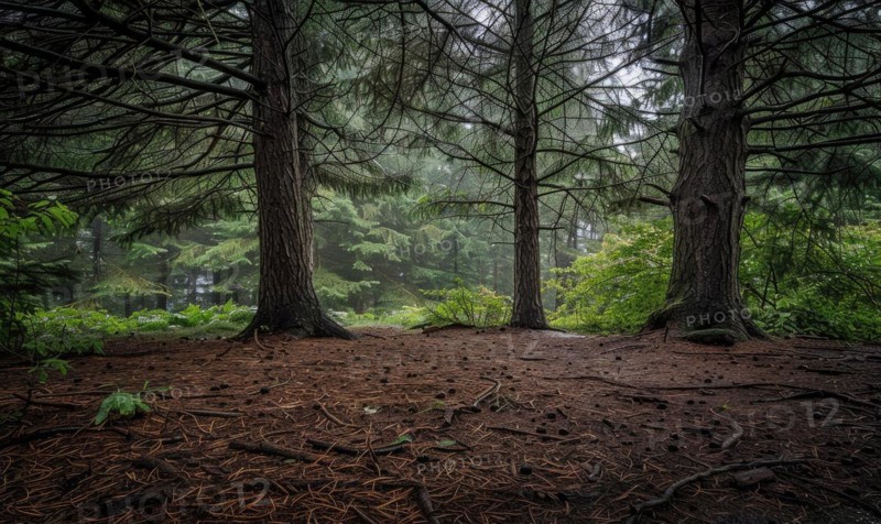 A serene woodland scene with a carpet of cedar needles AI generated