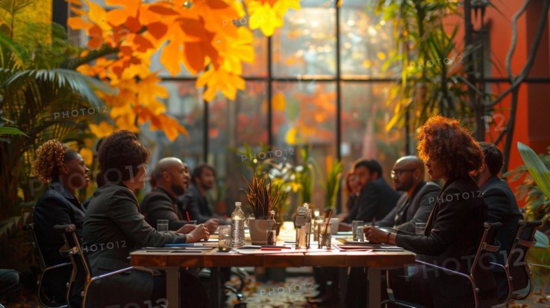 People engaging in conversation around a dining table with a warm, autumnal atmosphere, AI generated
