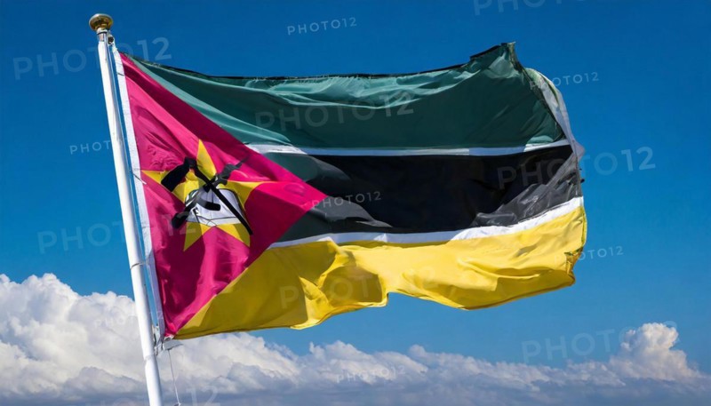 The flag of Mozambique, fluttering in the wind, isolated, against the blue sky