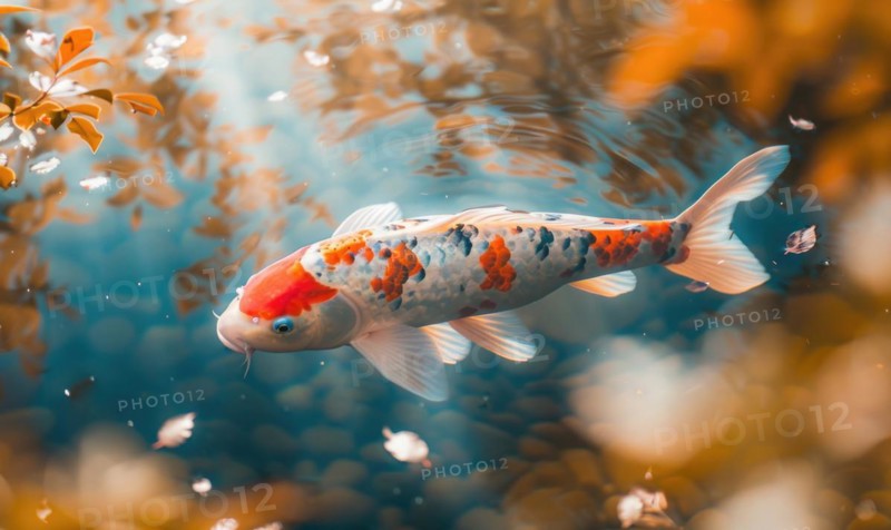 Close-up of a koi fish gliding through the clear waters of a pond AI generated