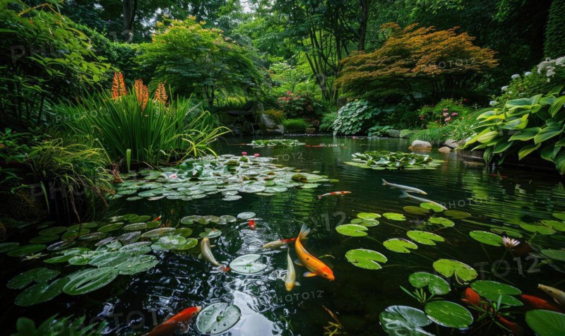 A garden pond adorned with koi fish swimming among water lilies and lush greenery AI generated