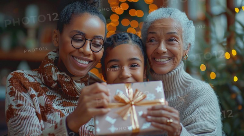 A cheerful family moment as a child and two adults enjoy a festive gift, embodying the warmth of the season, AI generated