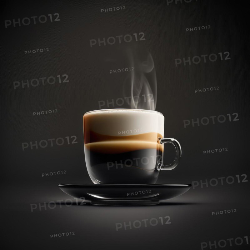 Hot coffee in glass cup. The espresso is hot, macchiato with milk and short. Generative AI image, AI generated