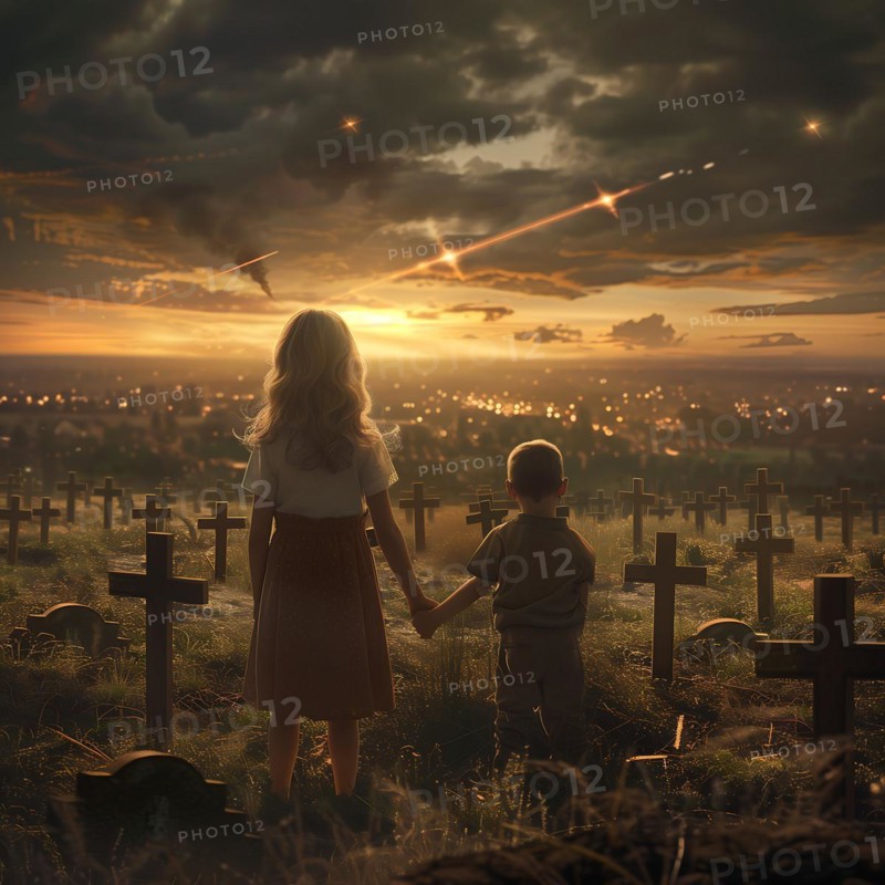 Two figures holding hands in a cemetery under a dramatic evening sky, war, war graves, military cemetery, AI generated