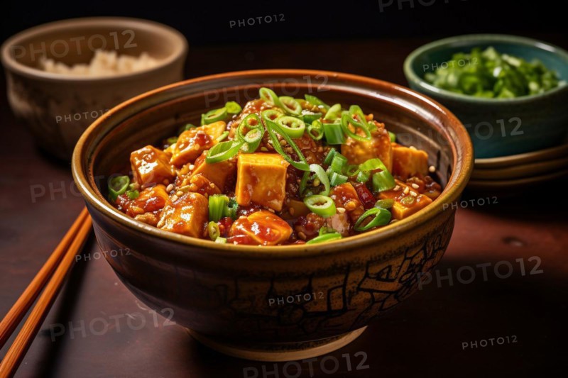 Chonese food called Mapo Tofu in bowl. KI generiert, generiert, AI generated