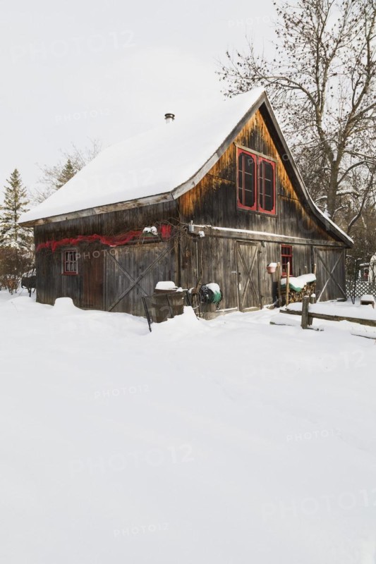 Old wooden rustic barn with red trimmed windows and Christmas decorations in winter, Quebec, Canada, North America
