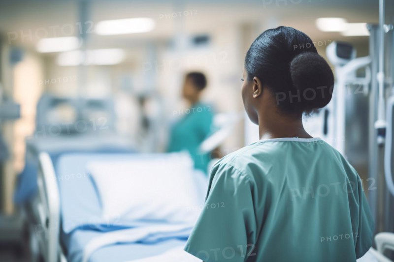 Back view of black nurse with empty hospital bed in background. KI generiert, generiert, AI generated