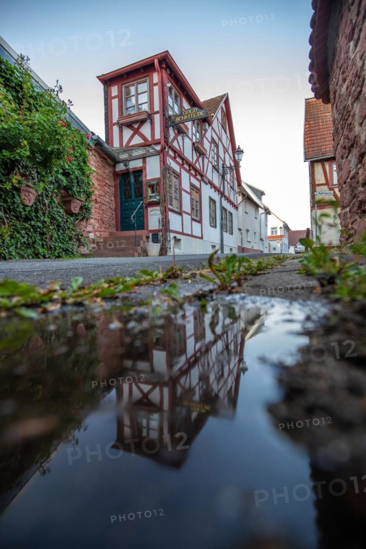 View of an old town, half-timbered houses and streets in a town. Seligenstadt am Main, Hesse Germany