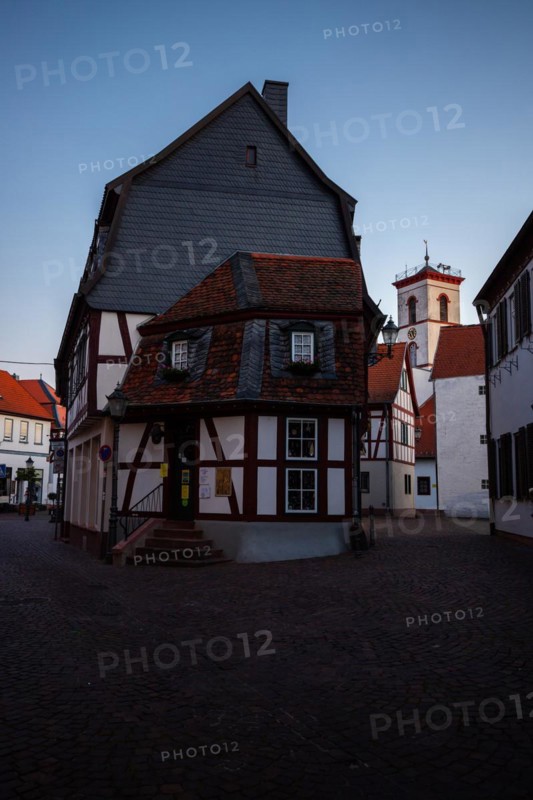 View of an old town, half-timbered houses and streets in a town. Seligenstadt am Main, Hesse Germany