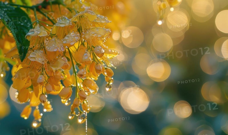 Close-up of dew-covered laburnum flowers in the early morning AI generated