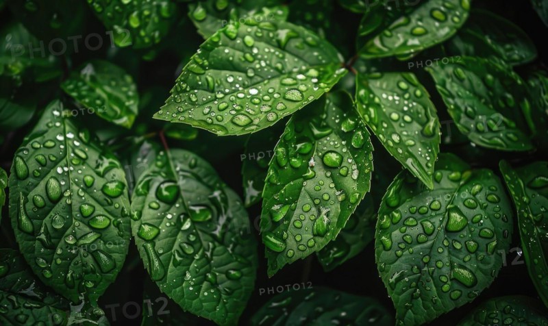 Close-up of raindrops clinging to vibrant green leaves in a lush garden AI generated