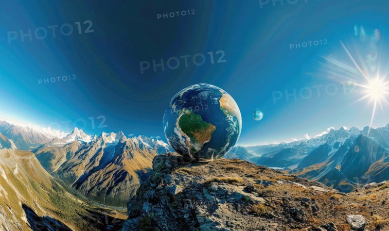 An Earth globe set against a mountain backdrop with a clear blue sky AI generated