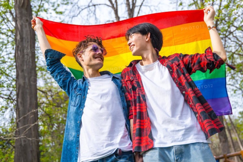 Low angle view photo of a gay couple looking at each other smiling and raising lgbt flag in a park