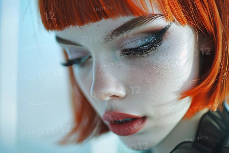 Portrait of young beautiful woman with pale skin and bright red hair with bob hairstyle with bangs and black eye makeup. KI generiert, generiert, AI generated