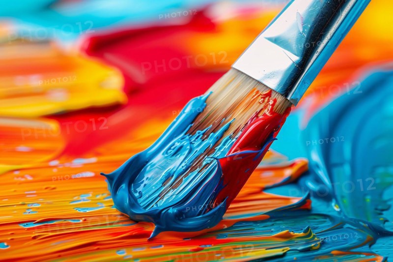 Close up of art brush painting thick oil paint strokes on canvas. KI generiert, generiert, AI generated