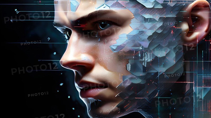 AI generated human portrait transitioning from lifelike human to a pixelated digital effect