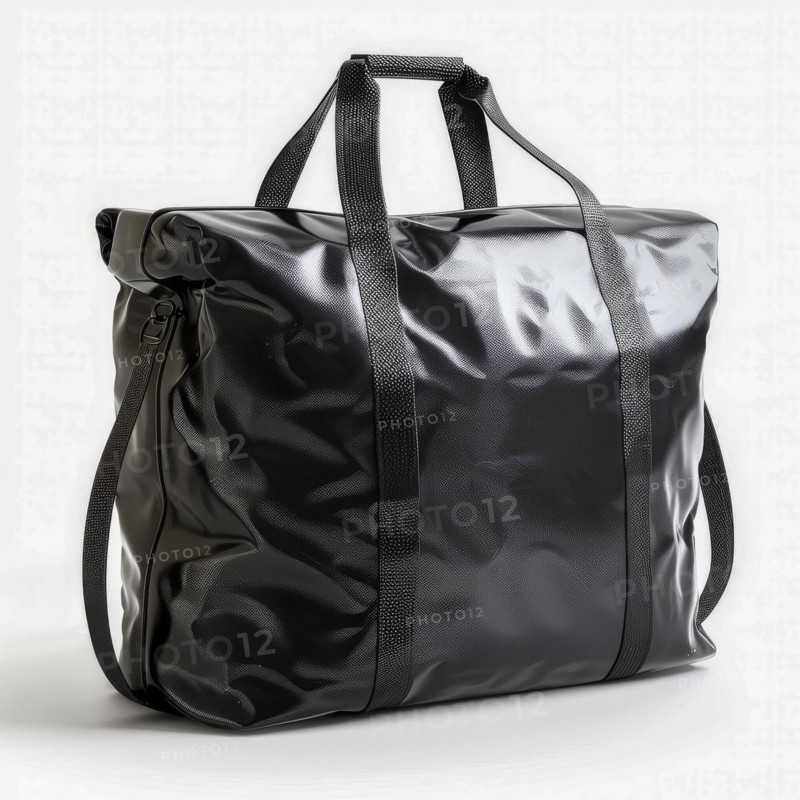 Glossy black tote bag with carrying handles and a simplistic, modern style, ai generated, AI generated