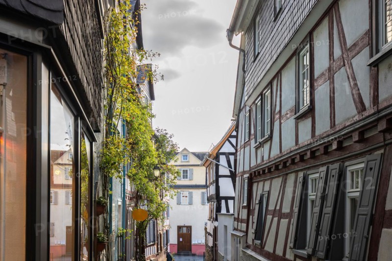 Old half-timbered houses in a town. Streets and buildings in the morning in Wetzlar, Hesse Germany