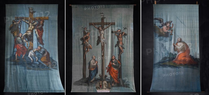 Three historical Lenten cloths on a black background, created around 1890, St Laurentius Church, Schoenau an der Brend Lower Franconia, Bavaria, Germany, Europe