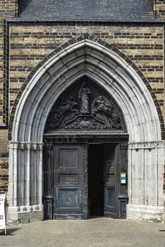 Main portal of St Mary's Church in the historic old town of Rostock, Mecklenburg-Western Pomerania, Germany, Europe