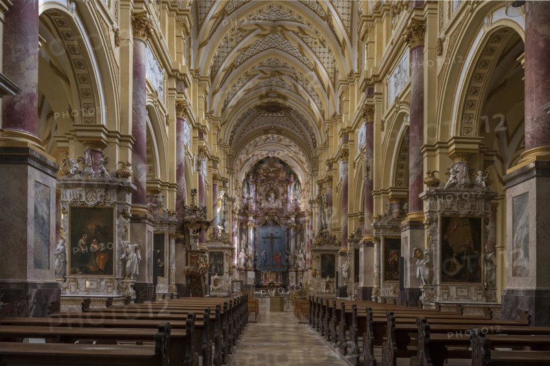 Nave with the Lenten cloth in front of the high altar, Ebrach Abbey, former Cistercian abbey, Ebrach, Lower Franconia, Bavaria, Germany, Europe