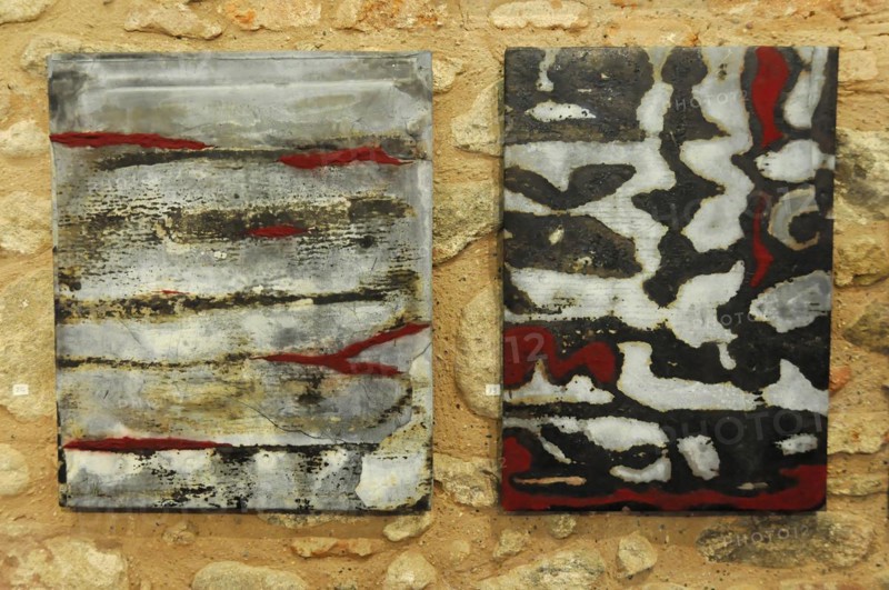 Kaysersberg, Alsace Wine Route, Alsace, Departement Haut-Rhin, France, Europe, Abstract artwork with red and black accents on a stone wall, Europe