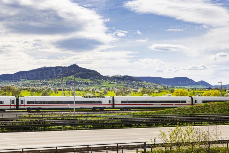 New railway line from Wendlingen to Ulm, Stuttgart21. Section of track near Kirchheim unter Teck with Burg Teck ICE, Kirchheim unter Teck, Baden-Wuerttemberg, Germany, Europe