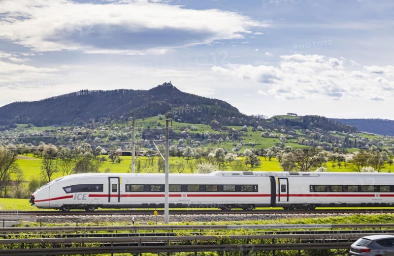 New railway line from Wendlingen to Ulm, Stuttgart21. Section of track near Kirchheim unter Teck with Burg Teck ICE, Kirchheim unter Teck, Baden-Wuerttemberg, Germany, Europe
