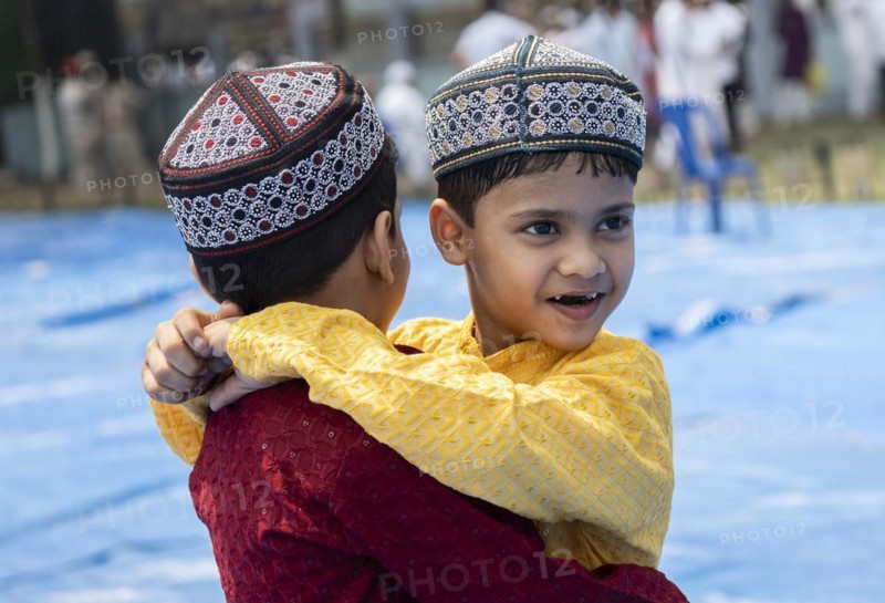 GUWAHATI, INDIA, APRIL 11: Muslim children greets each other after perform Eid al-Fitr prayer at Eidgah in Guwahati, India on April 11, 2024. Muslims around the world are celebrating the Eid al-Fitr holiday, which marks the end of the fasting month of Ramadan