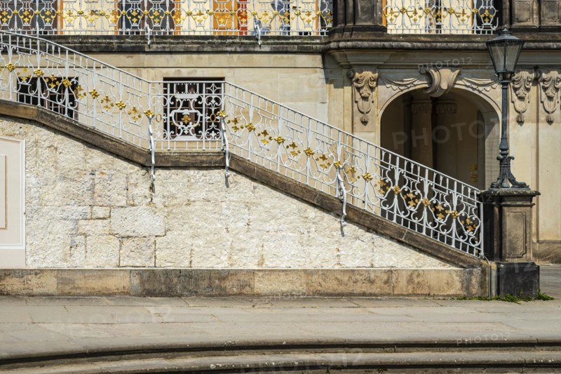 Architectural details of Pillnitz Castle on the edge of the Elbe cycle path in Pillnitz, Dresden, Saxony, Germany, Europe