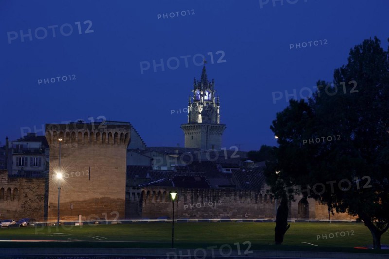Old city wall and town hall tower at night, Avignon, Vaucluse, Provence-Alpes-Cote d'Azur, South of France, France, Europe