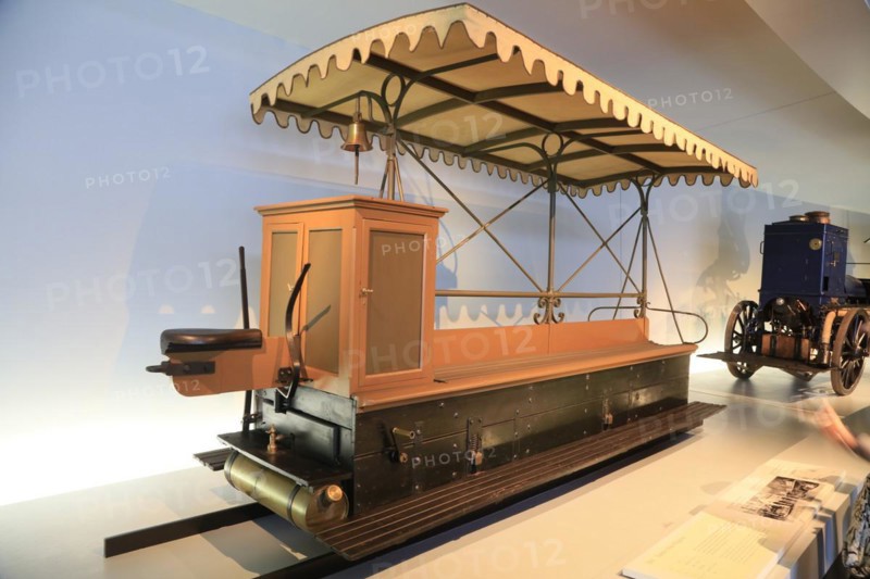 Motorised narrow-gauge tram Daimler Motor-Waggonet from 1891, Mercedes-Benz Museum, Stuttgart, Baden-Wuerttemberg, Germany, Europe