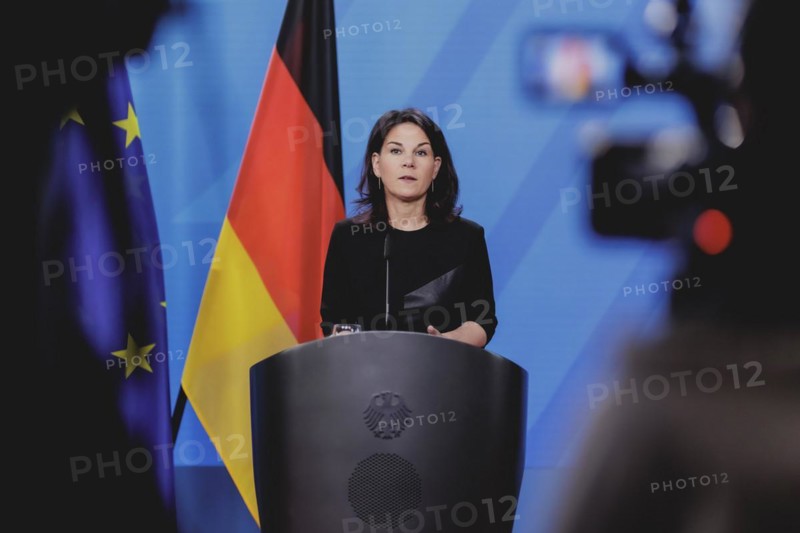 Annalena Baerbock (Alliance 90/The Greens), Federal Foreign Minister, photographed during a joint press conference with Ayman Safadi (not pictured), Foreign Minister of Jordan, after a joint meeting in Berlin, 16 April 2024 / Photographed on behalf of the Federal Foreign Office