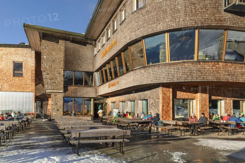 Restaurant at the Hoefatsblick station on the Nebelhorn, Oberstdorf, Allgaeu, Swabia, Bavaria, Germany, Oberstdorf, Bavaria, Germany, Europe