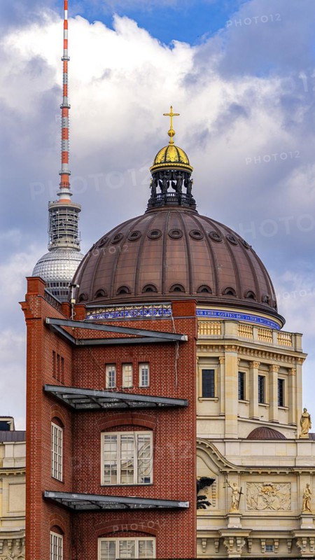 Schinkelplatz with Bauakademie, dome of the Humboldt Forum and the television tower, Berlin, Germany, Europe